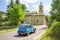 Vintage car travel italy countryside church