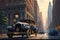 vintage car weaving through busy traffic, surrounded by towering buildings and bustling sidewalks