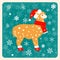 Vintage card. Alpaca in a Christmas boots, hat and scarf. Snowflakes background. Grunge texture.