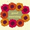 Vintage card with flowers gerbera pink yellow and orange colors