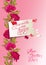 Vintage card, hearts and old paper peace with handwritten calligraphic text - you make me happy, on floral pink background.