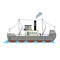 Vintage cargo ship in cartoon style on white background