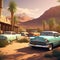 vintage cars parked in a row creating a nostalgic scene against the backdrop of a desert oasis