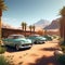 vintage cars parked in a row creating a nostalgic scene against the backdrop of a desert oasis
