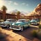 vintage cars parked in a row creating a nostalgic scene against the backdrop of a desert oasis