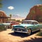 vintage cars parked in a row creating a nostalgic scene against the backdrop of a desert oasis