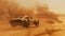 Vintage cars race in post-apocalyptic world, old vehicles drive on desert like fantastic movie. Concept of fantasy, dystopia,