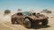 Vintage cars race in post-apocalyptic world, old vehicles drive on desert like fantastic movie scene. Concept of fantasy, dystopia