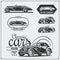 Vintage cars set. Retro cars garage. Classic muscle cars labels, emblems and design elements.