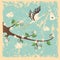 Vintage cartoon flowering branch, stork ,newborn