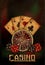 Vintage casino wallpaper with roulette, dice and poker cards,