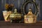 Vintage caskets with patina and gilding and antique bronze frame