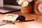 Vintage cassette tape and Retro headphone on wooden background, gadgets for The 70-80-90`s