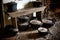 Vintage Cast Iron Pots and Pans in Antique Kitchen