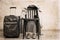 vintage chair, classic trench, sport shoes, suitcase