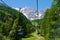 Vintage chairlift in Macugnaga at the foot of snowy Monte Rosa. Piedmont, Italy.