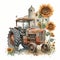 Vintage Charm on the Farm: Rusty Orange Tractor with Sunflowers