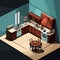 Vintage Charm: Isometric Render of a Cozy Kitchen in a Village House