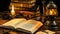 Vintage Charm: Old Books, Lantern, and Candlestick on Wooden Table