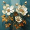 Vintage Charm: Realistic White Flowers With Branches In Dark Turquoise And Light Gold