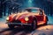 Vintage Charm: Red Classic Car Adorned with Christmas Lights in a Snowy Winter Forest. Generative ai