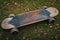 Vintage charm Weathered wooden skateboard rests peacefully on vibrant grass