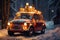 Vintage Charm in the Winter Woods: Small Car Adorned with Christmas Lights. Generative ai