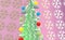 Vintage Christmas background with green tree and ornaments from light snowflakes. Tree balls multicolored for New Years on backdro