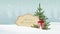 Vintage Christmas background. White winter landscape with forest, paper banner, falling snow, festive decoration with fir