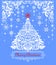 Vintage christmas blue pastel greeting card with paper cutting xmas floral white tree, snowflakes and hanging decoration