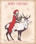 Vintage Christmas card with girl in a red cloak on deer