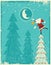 Vintage christmas card with Santa and nice moon.Ve