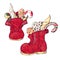 Vintage christmas decoration red stars, sweets and antique baby shoes over snow background. retro style picture