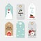 Vintage Christmas gift tags set. Hand drawn labels with winter flowers, cake, car with Christmas tree, polar bear