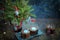 Vintage Christmas or New Year Composition with Christmas Tree, wooden candles and gnomes. Rustic style