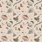 Vintage Christmas seamless pattern with cartoon gnomes, Christmas socks, snowflakes on a gray background,