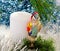 Vintage Christmas toy Funny colorful parrot on background of pine and spruce branches and shiny tinsel