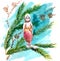 Vintage Christmas tree toy hindu boy and larch cones, watercolor drawing on white background