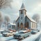 Vintage Church Building Retro Rural Old Steeple Cars Exterior AI Generated