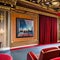 Vintage Cinema: A home theater styled like a classic cinema with red velvet curtains, vintage movie posters, and tiered seating