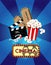 vintage cinema illustration with 3D glasses, popcorn, clapperboard icons on blue background with movie icons