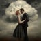 Vintage Cinematic Painting Of A Couple Hugging Under An Angry Cloud