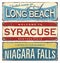 Vintage city mark. Vintage tin sign collection with US cities. Long Beach. Syracuse. Niagara Falls.