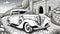 Vintage classic convertible car antique stone driveway monochrome