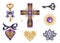Vintage clip art isolated on white background. Halloween festive ornaments. Magical design elements set: gold key, heart, cross