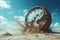 Vintage clock in desert, surreal scene with motion of sand and old dial in summer. Concept of time, waste, history, drought,