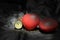 Vintage clock and red heart on black background ,Love and time concept in still life photography.