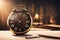 vintage clock on wooden table over blurred background.