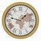 Vintage clock with World map. Antique golden wall clock-face dial with Roman numeral. Vector.