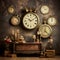 Vintage clocks with retro aesthetic and musical elements